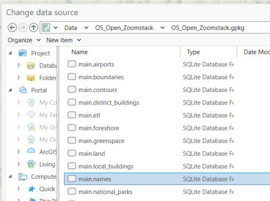 Screenshot of the ArcGIS Pro interface showing the window for setting the data source for a layer. The dialog includes options to browse for the correct dataset, update the file path, and confirm the connection to ensure the layer displays properly