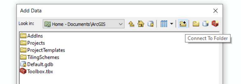 Screenshot of the ArcMap interface showing the window for navigating to the folder that contains your data. The dialog includes a directory tree and navigation options for selecting the correct folder before adding spatial datasets to the map