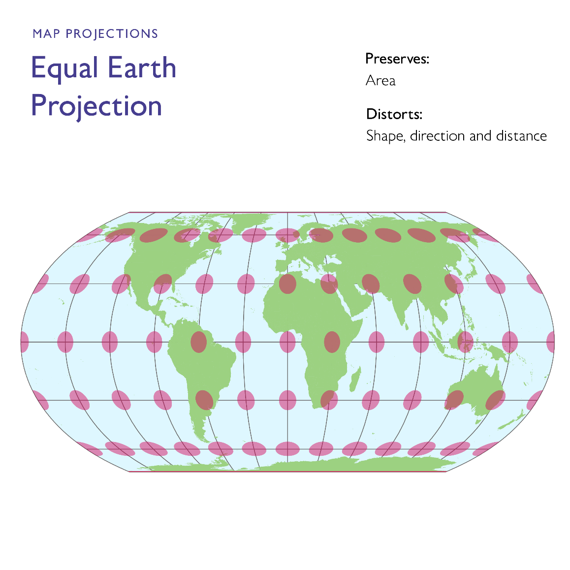 World map displayed using an equal-area projection, preserving relative sizes of continents and countries while slightly distorting shapes. Graticule lines curve across the map to maintain area accuracy