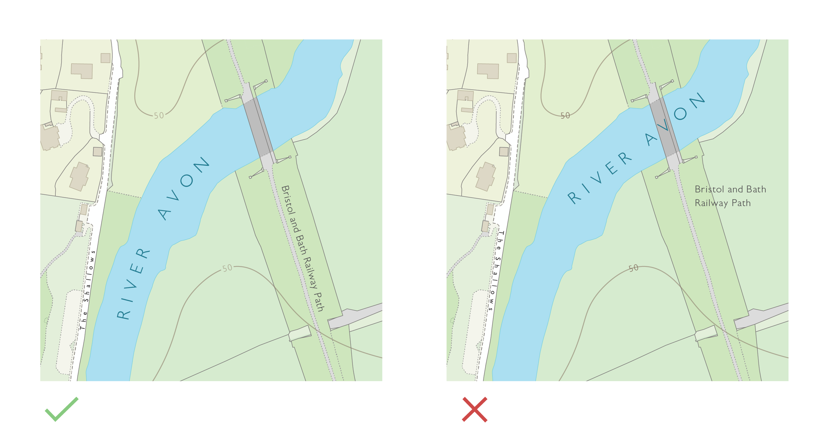 Map extract demonstrating correct and incorrect labeling of a linear feature. The ‘how to’ example shows the label placed along the feature’s curve, following its alignment for clarity. The ‘how not to’ example shows the label positioned straight and at an angle that does not match the feature’s orientation. It is also overlapping a bridge.