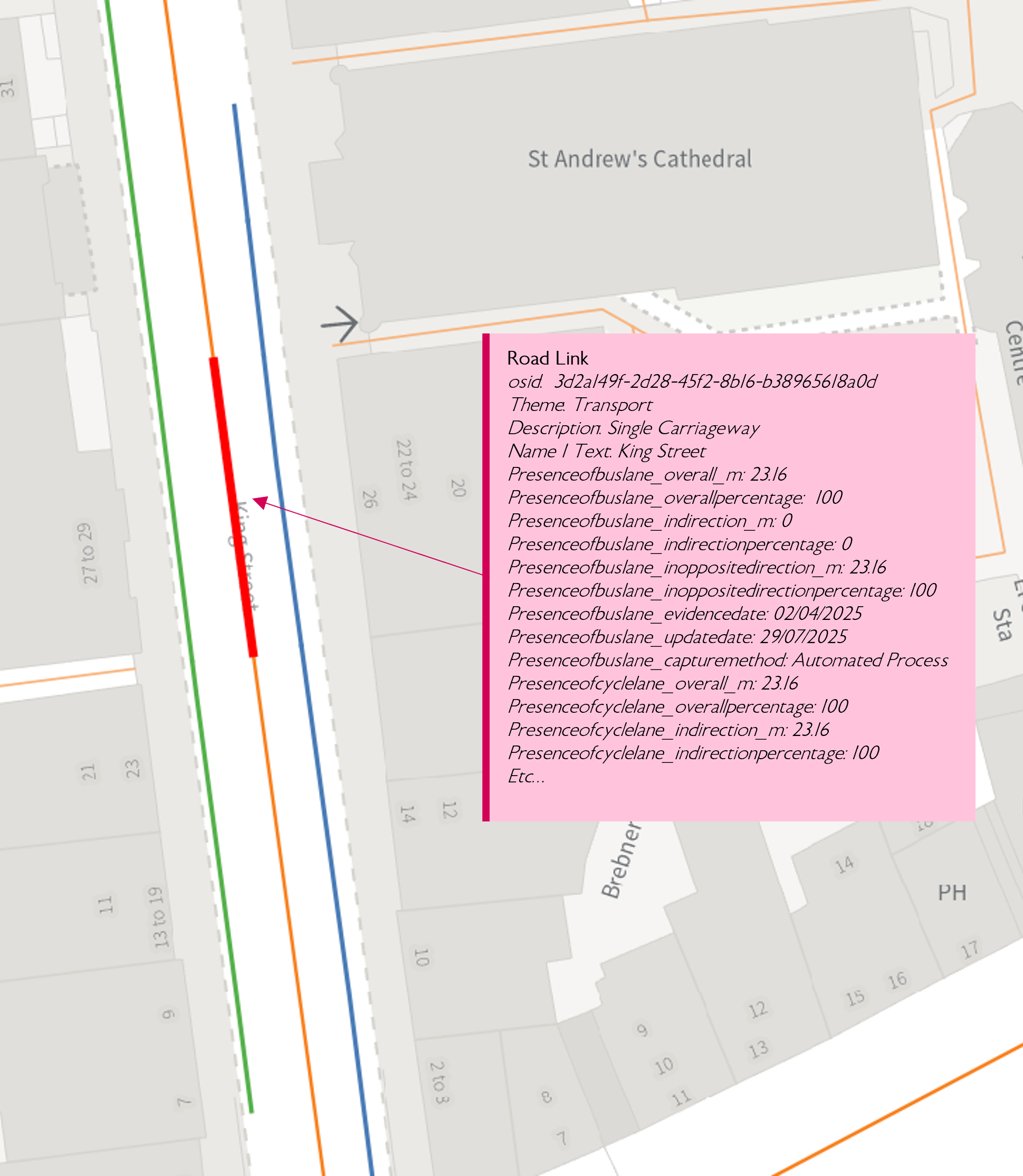 map showing the bus and cycle lane attribution on road links