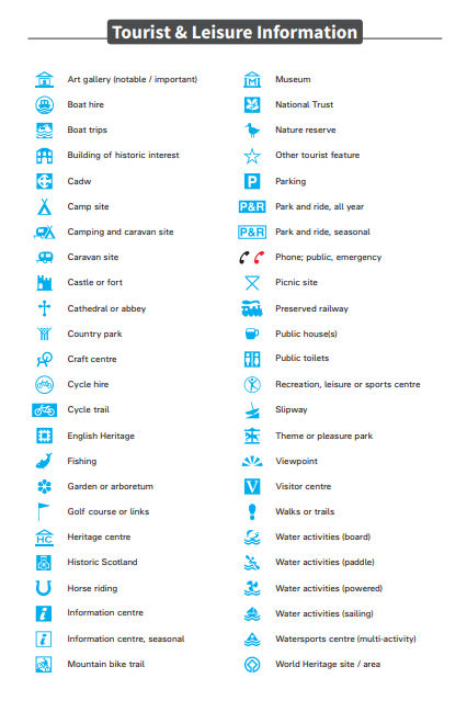 Section of the Ordnance Survey 1:25,000 Explorer map legend showing tourist and leisure symbols. Includes icons for campsites, picnic areas, viewpoints, museums, information centers, and other visitor attractions