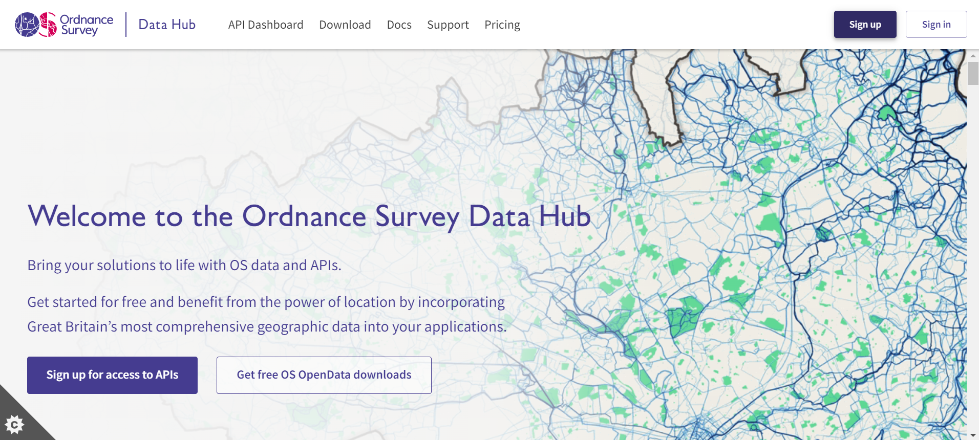 Screenshot of the Ordnance Survey Data Hub homepage, showing navigation options for accessing Ordnance Survey data, APIs, and resources. The layout includes a main header, search bar, and featured sections for data products and documents