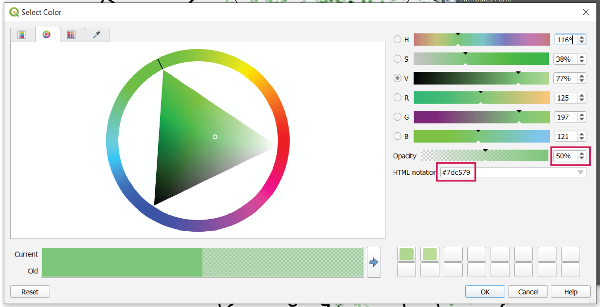 Select Colour dialogue box in QGIS