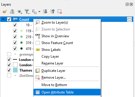 Open attribute table for Count Layer