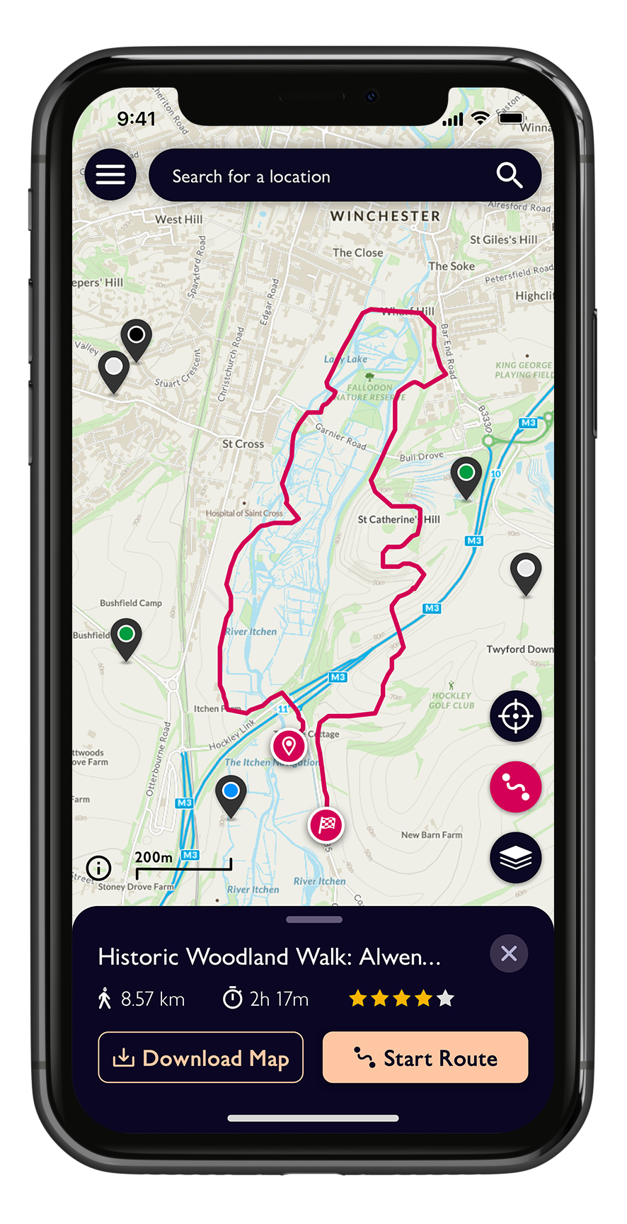 Mobile phone screen displaying the OS Maps application. The interface shows a detailed map with roads, paths, and terrain features, along with navigation tools and icons for zoom, layers, and user location