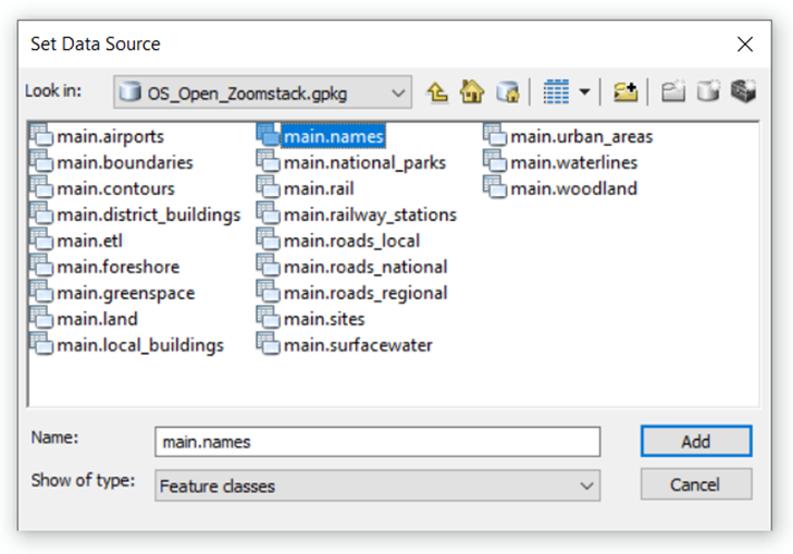 Screenshot of the ArcMap interface showing the Set Data Source window. The dialog allows users to browse for the correct dataset and update the file path to repair broken links for layers in the map project