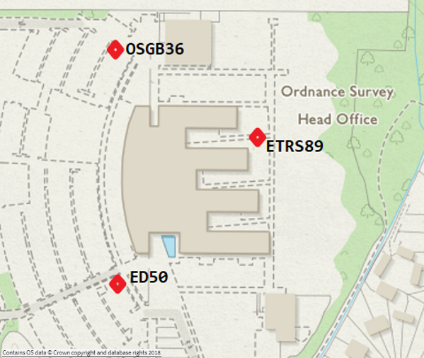 Three points with the same latitude and longitude in three different coordinate systems. The map extract is approximately 300m wide.