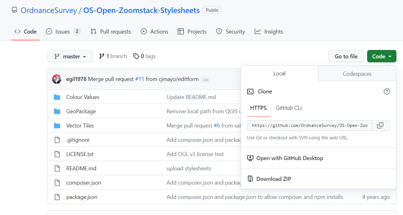 Screenshot of the OS Open Zoomstack GitHub repository showing folders for colour values and data formats. The page includes the repository name, navigation tabs, and a file list with directories that contain styling colour schemes and format-specific resources