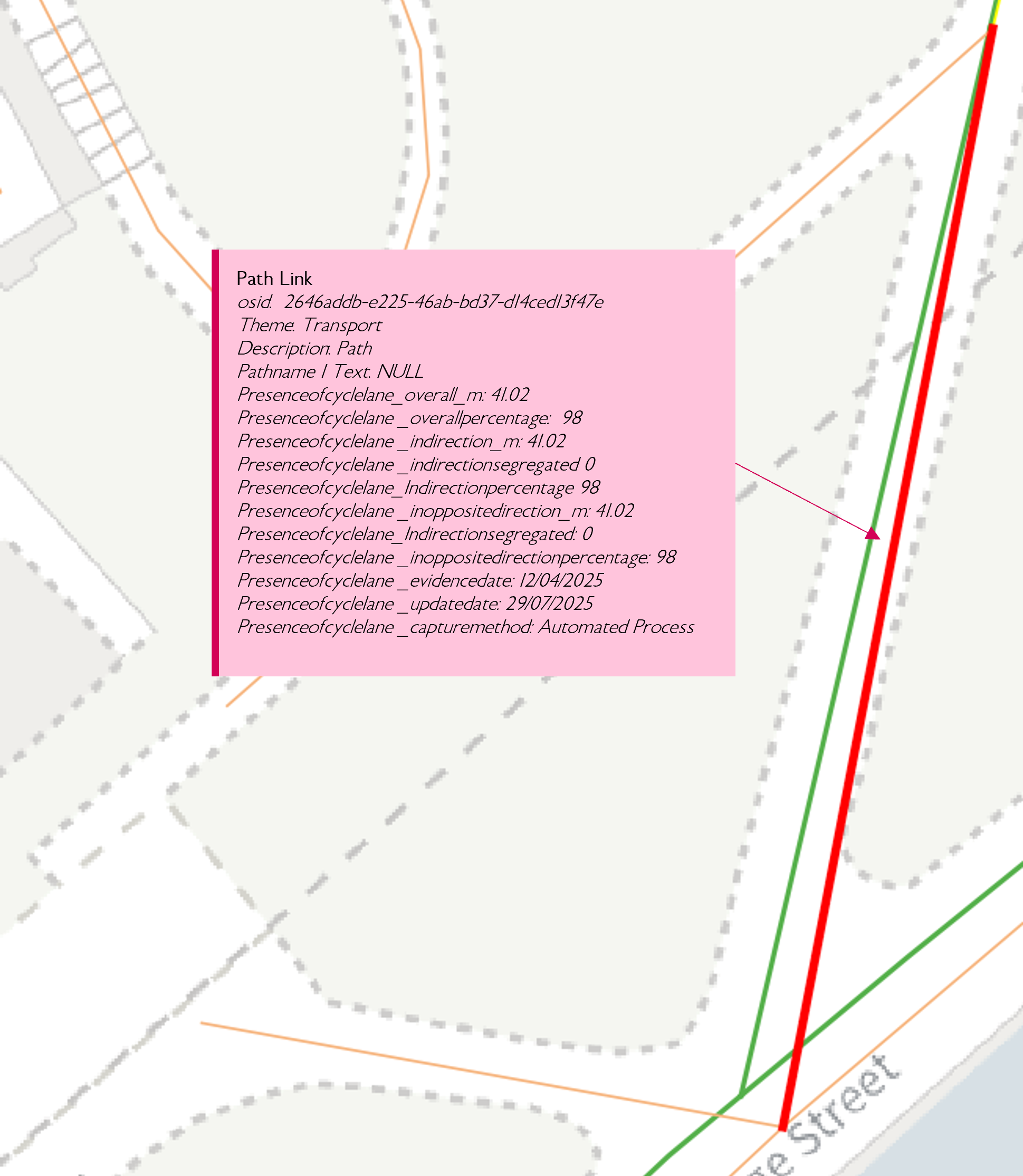 map showing the bus and cycle lane attribution on path links