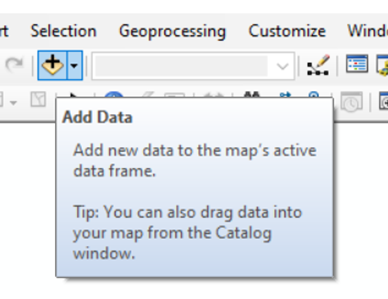 Screenshot of the ArcMap interface showing the Add Data window. The dialog includes options for browsing folders, selecting spatial datasets, and adding them to the current map project