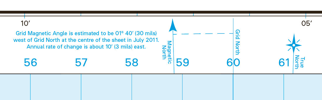 Map extract from an OS 1:25,000 Explorer sheet showing the positions of magnetic north, grid north, and true north