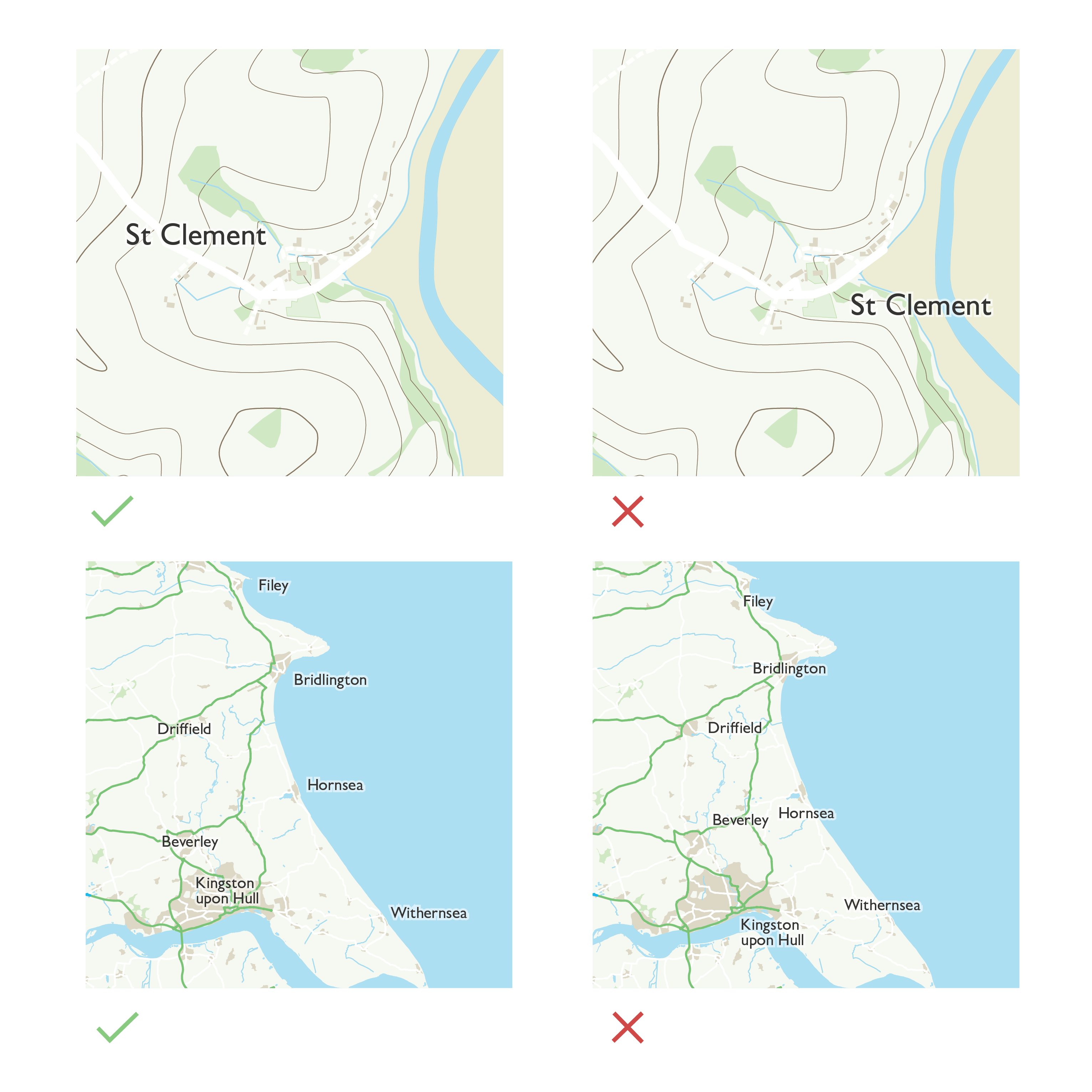 Map extract showing two examples of point label placement: a ‘how to’ example with the label positioned clearly next to location of the feature it refers to and without overlap, and a ‘how not to’ example where the label obscures the feature or is misaligned, reducing readability