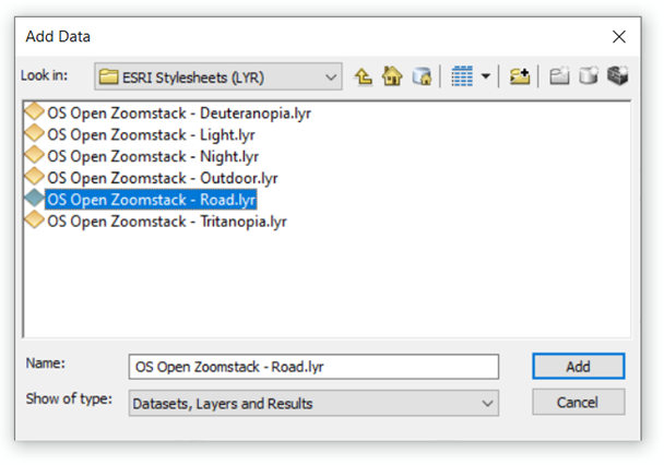 Screenshot of the ArcMap interface showing the window for adding .lyr files. The dialog includes options to browse folders, select layer files, and add them to the current map project to apply predefined symbology and styling