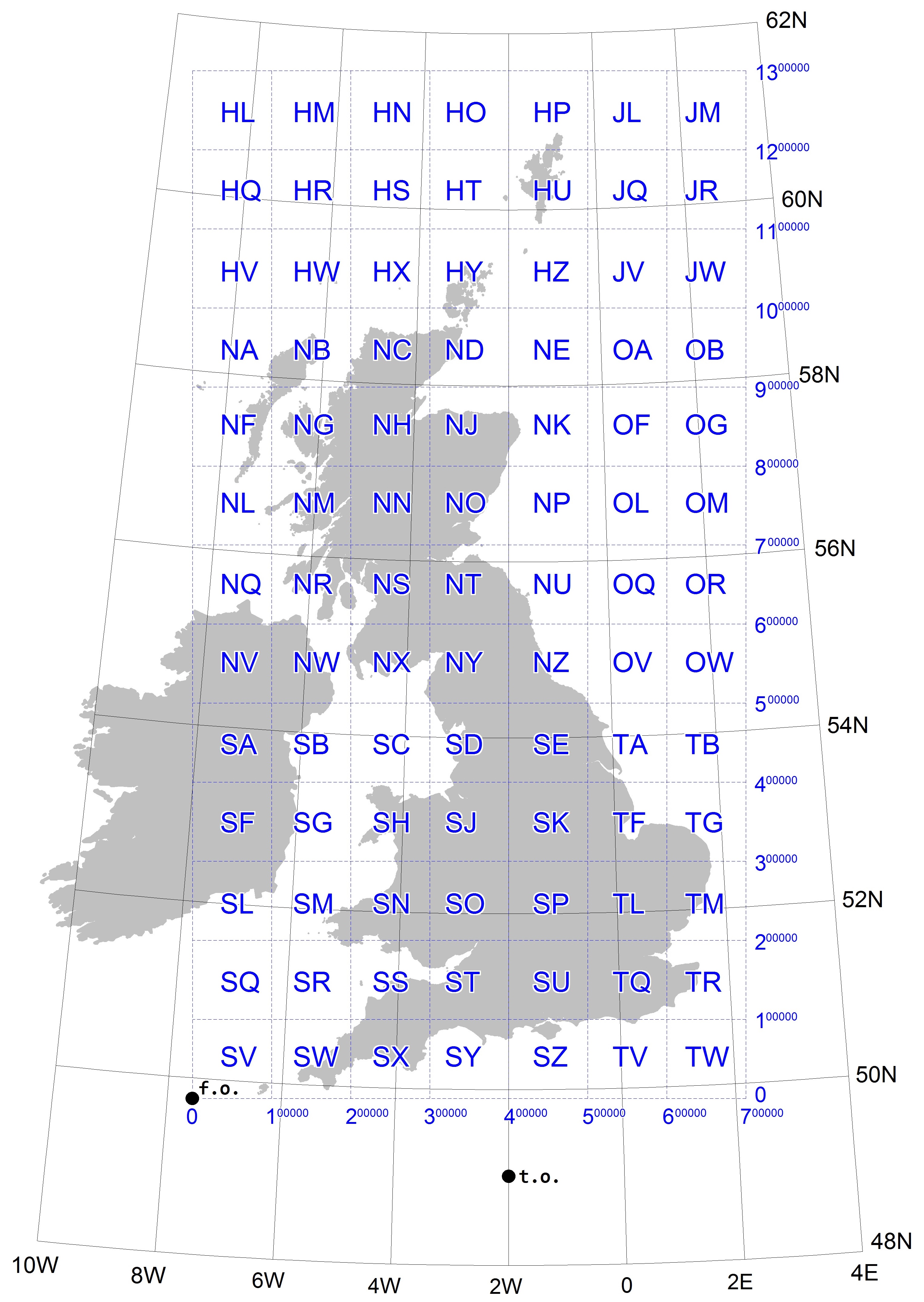 The National Grid, showing the true origin (t.o.) and false origin (f.o.)