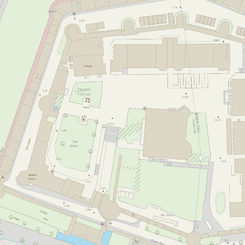 Extract from OS MasterMap Topography Layer showing large-scale mapping with detailed representation of buildings, property boundaries, roads, and other topographic features. Includes precise outlines and labels for individual structures and land parcels