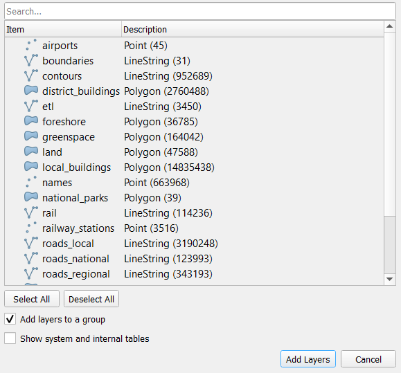 Screenshot of the QGIS interface showing the selection of layers to add from a GeoPackage. The window lists available layers within the GeoPackage, allowing the user to choose which ones to include in the map project