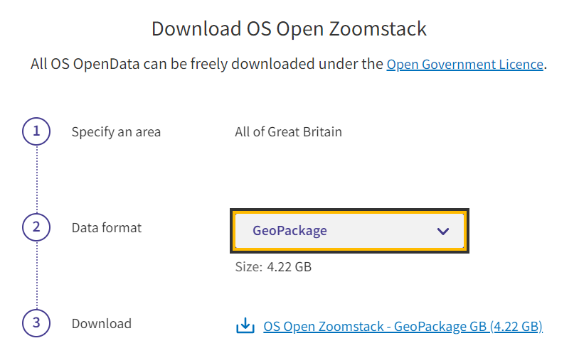 Screenshot showing the OS Open Zoomstack download interface, where users can specify an area of interest and choose a preferred data format before downloading. Options for customising the geographic extent and file type are visible on the page