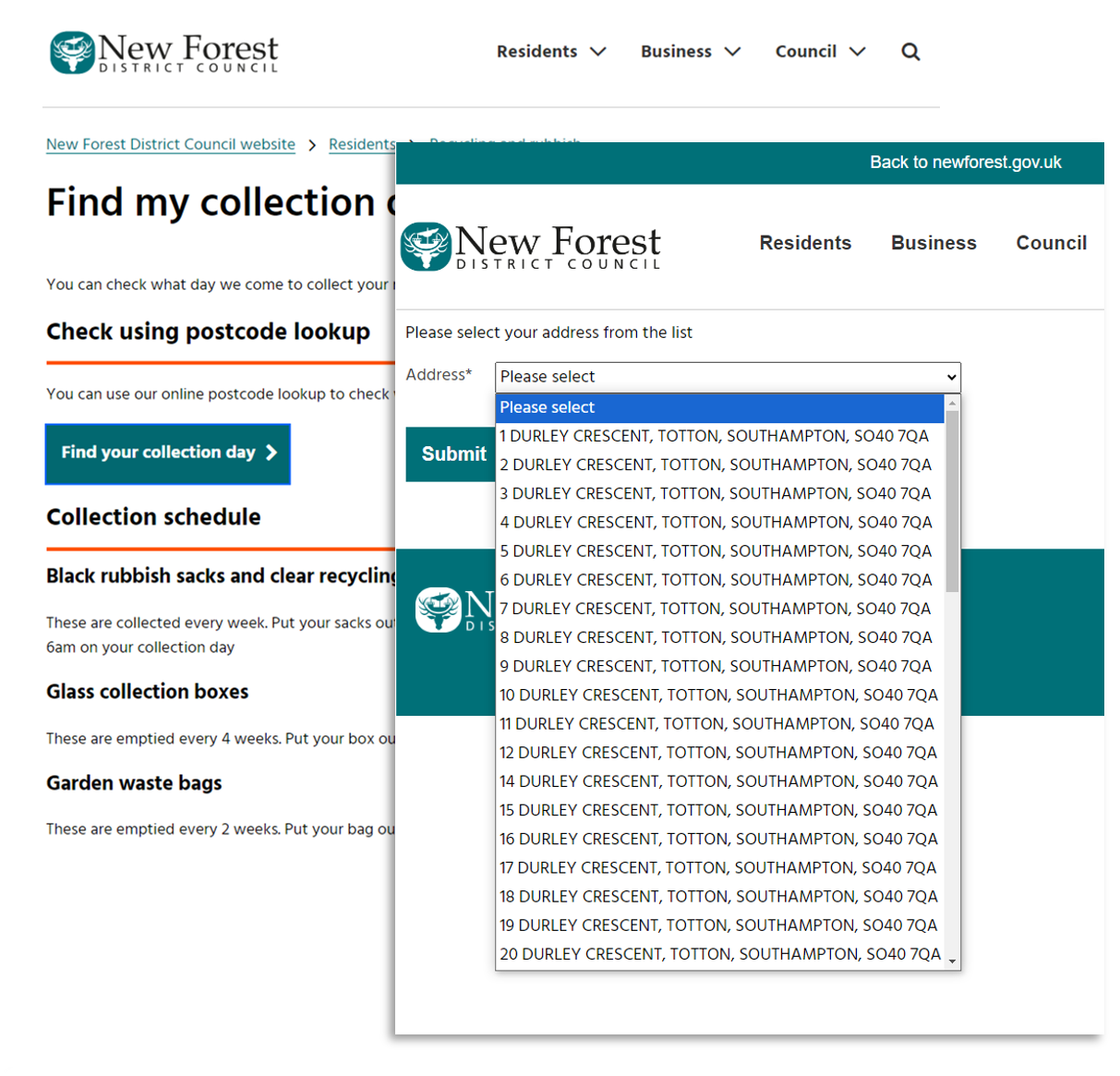 image of New Forest District website with a list of addresses to select from