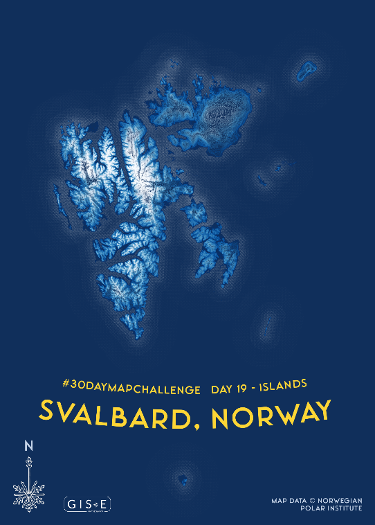 Map of Svalbard, Norway created for the #30DayMapChallenge. The map includes a decorative north arrow designed as a snowflake, reinforcing the Arctic theme. The map shows the archipelago’s coastline and terrain, with the snowflake north arrow prominently placed for visual emphasis
