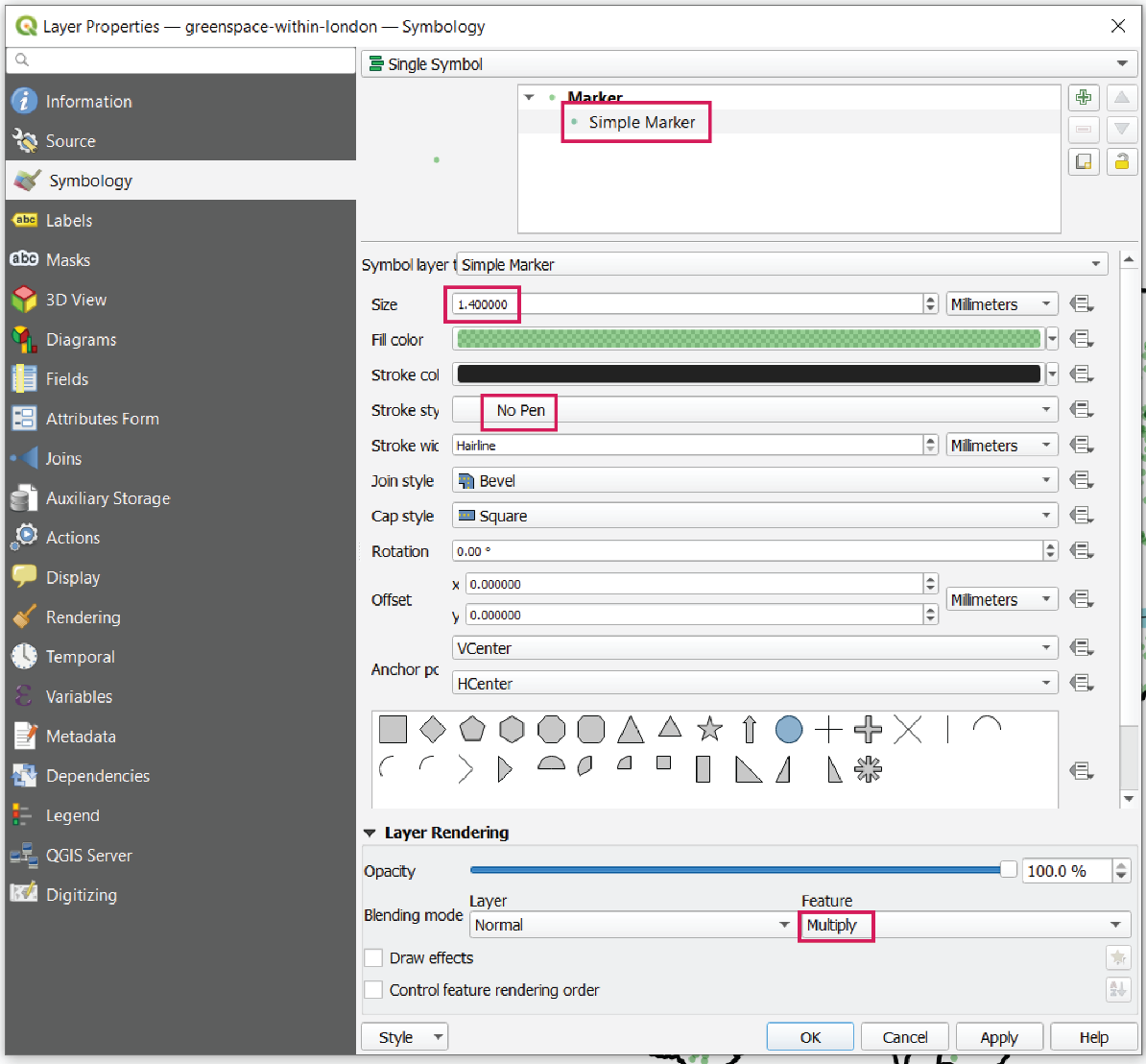 Symbology panel in Layer Properties with Simple Marker, Size 1.4, stroke style No Pen and blending mode by feature set to Multiple