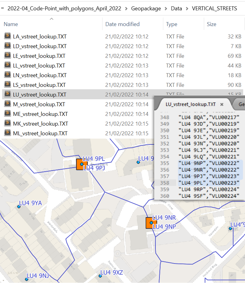 A combination image showing the list of lookup TXT files, a sample of the content and the associated area on a map