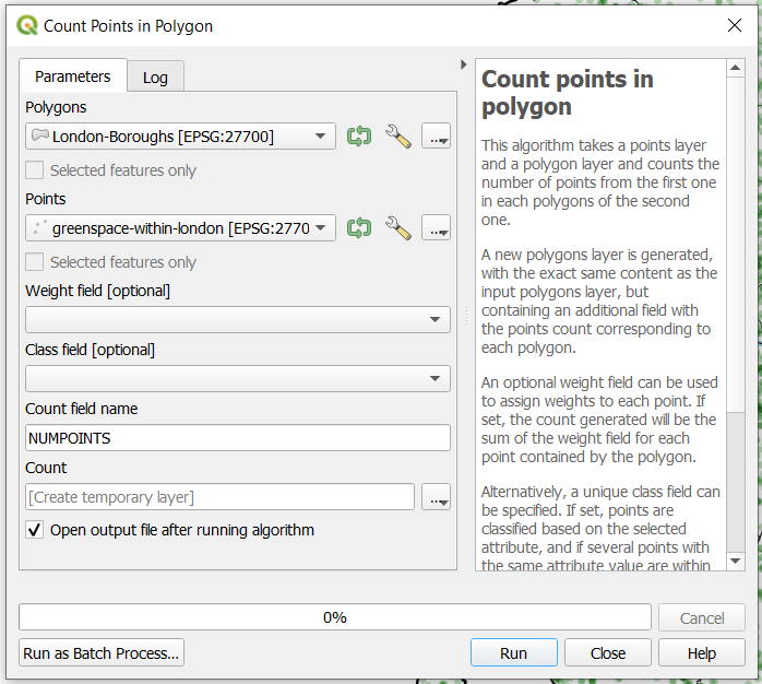 Count points in polygon dialogue box