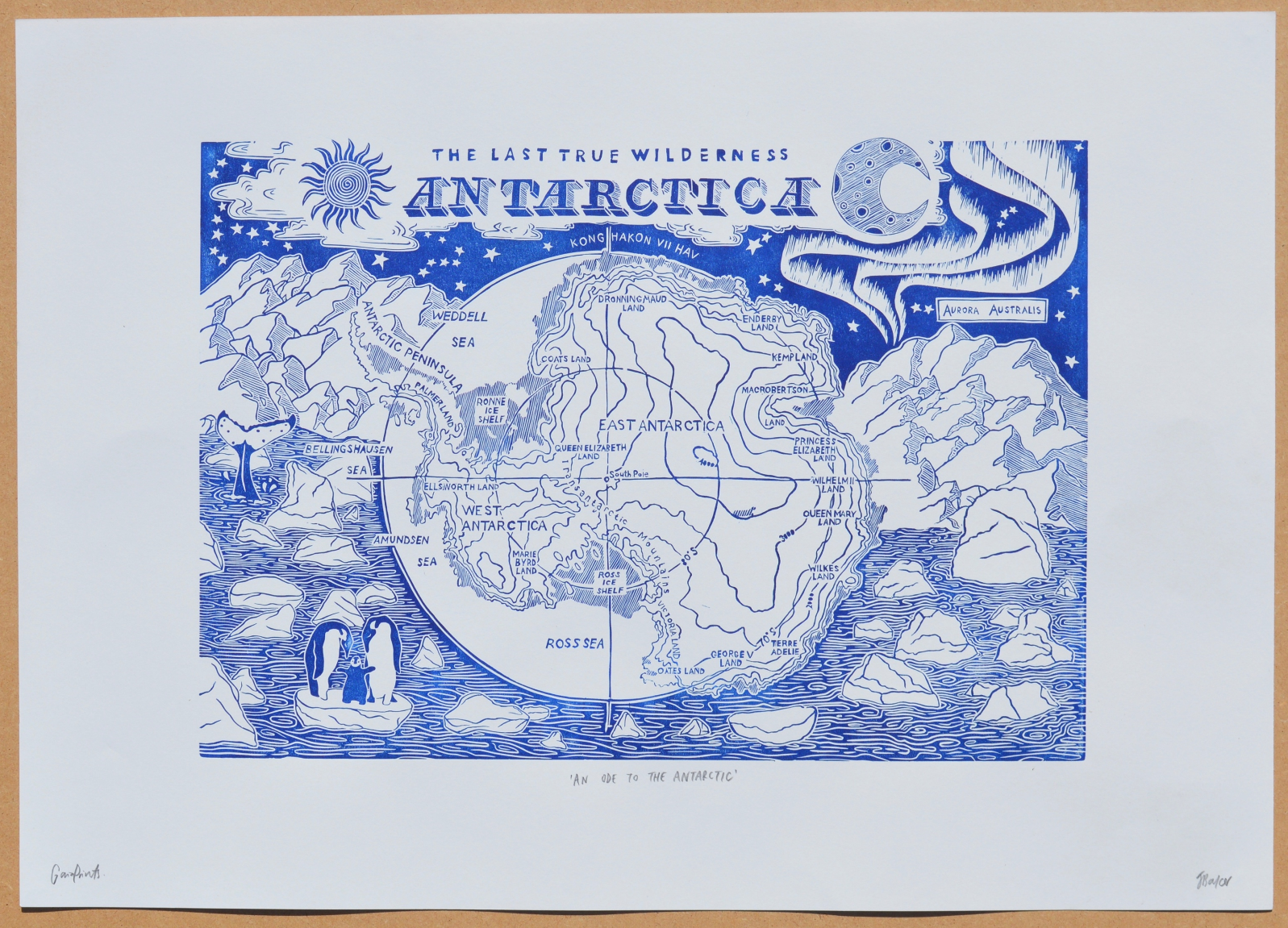 Blue and white lithographic print of an Antarctic landscape by Jess Baker, featuring abstract icy textures and sweeping shapes that evoke glaciers and frozen terrain