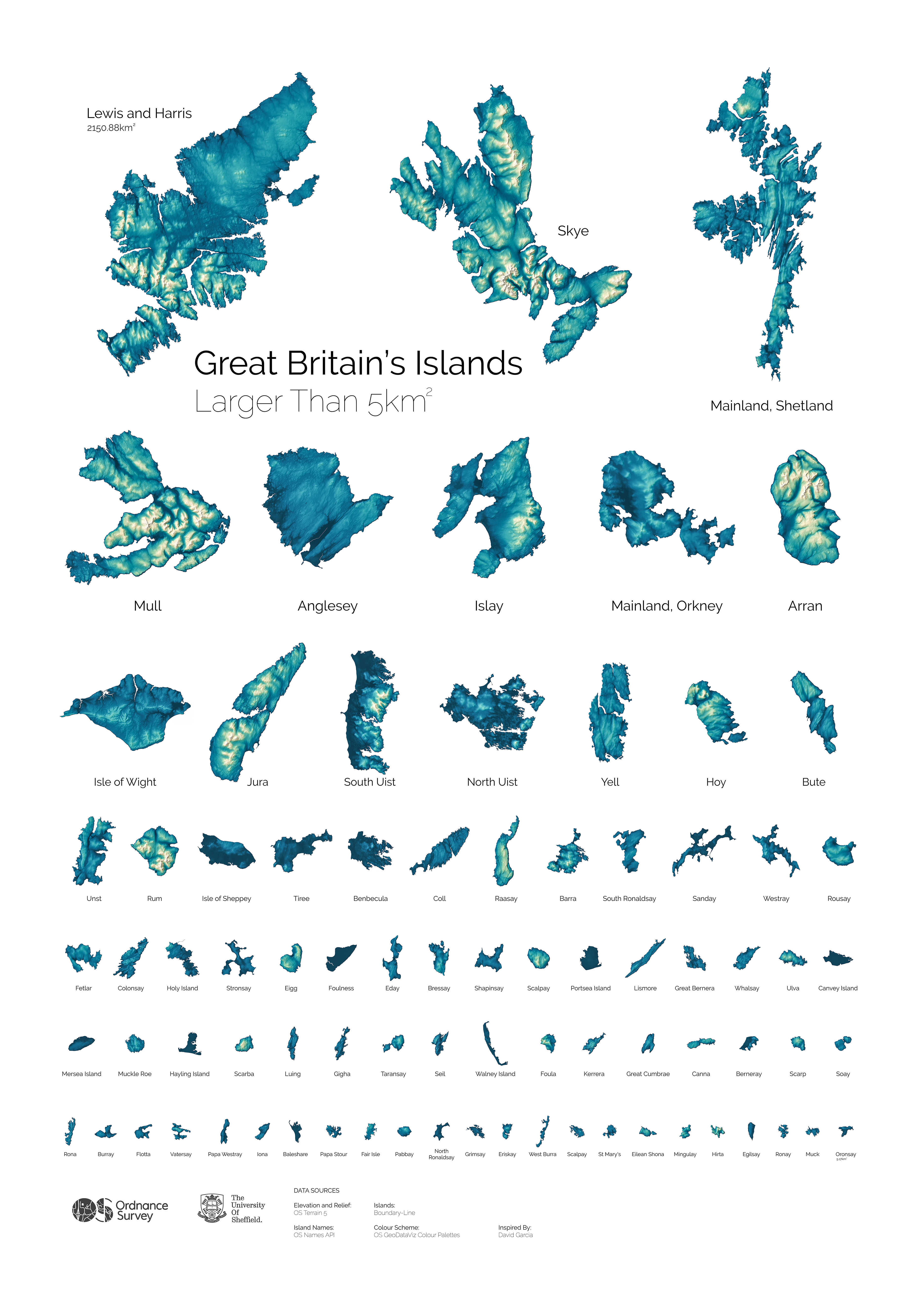 Full poster image from Ordnance Survey showcasing Great Britain’s islands that are larger than 5km squared.  The poster features detailed terrain maps created using OS Terrain 5 data, with shaded relief highlighting the landscapes of all our islands over 5km squared