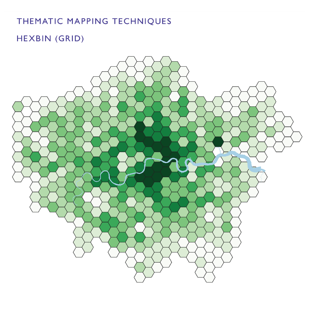 Hexbin map of London showing population distribution. The city is divided into hexagonal cells, each shaded in green to represent population density. Darker green hexagons indicate higher concentrations of people, while lighter green hexagons show lower density