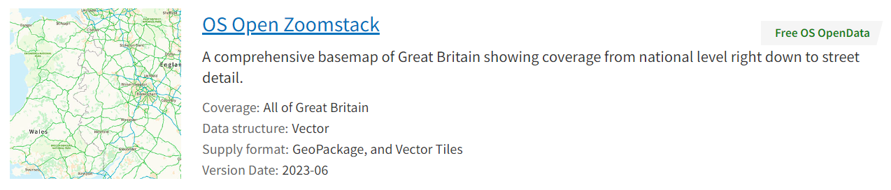 Screenshot showing information about OS Open Zoomstack, including a description of the product and a link to download it. The page highlights that OS Open Zoomstack is a free, customisable vector map dataset designed for use in various applications